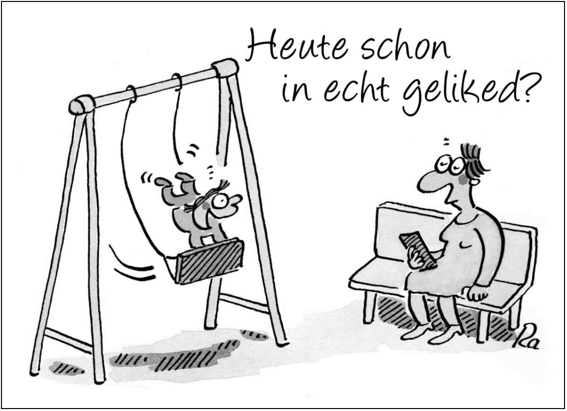 Kind auf Schaukel, Frau mit Smartphone auf Parkbank, Schriftzug "Heute schon in echt geliked?"